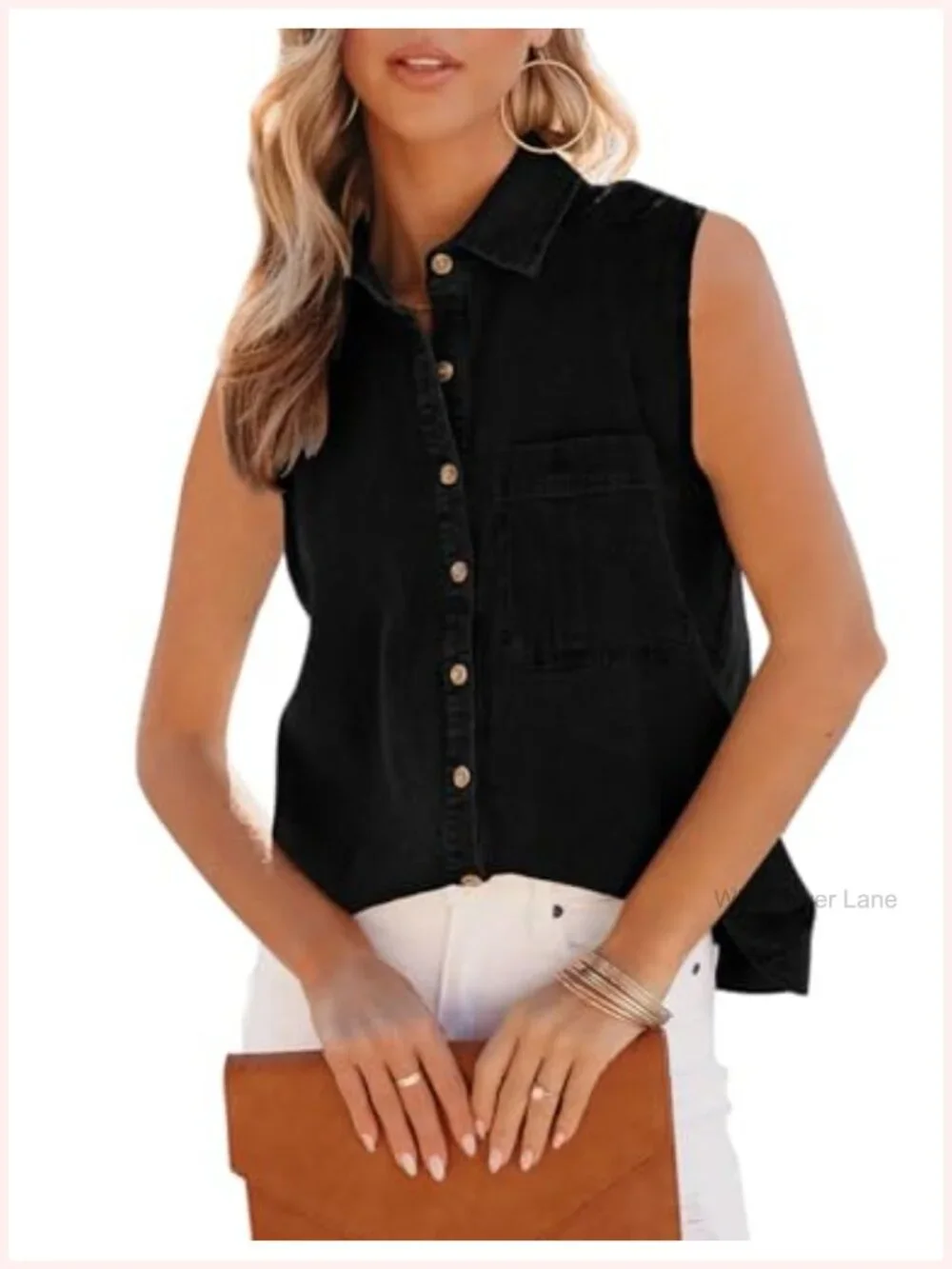 Womens Denim Tank Top V Neck Button Down Collared Sleeveless Casual Blouse